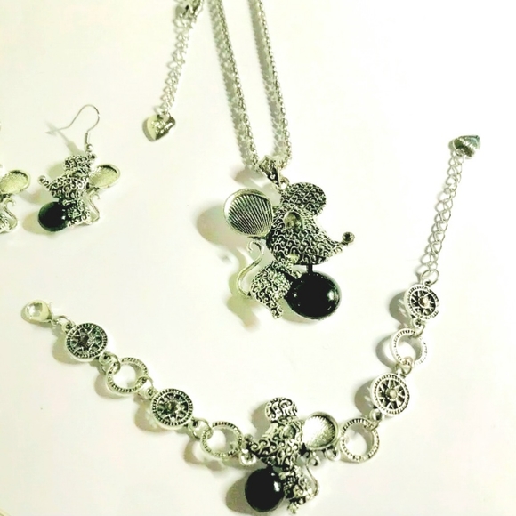 Silver plated black stone crystal mouse necklace earring bracelet set - Picture 11 of 13